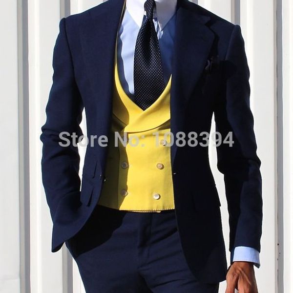 

2019 navy blue men suits slim fit formal business blazer yellow double breasted vest 3 pieces groom wedding suits for men terno, White;black