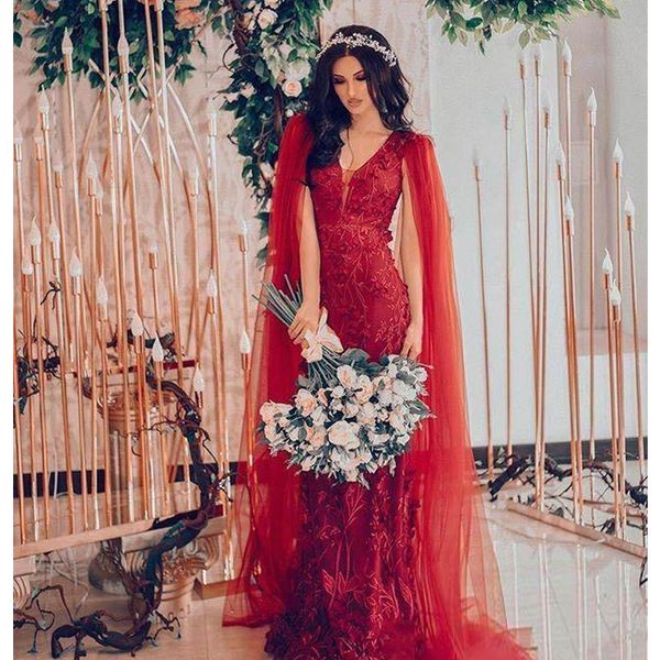 

red mermaid arabic evening dresses with long wraps 2020 floral lace appliques prom gowns v neck covered back formal party dress, Black;red