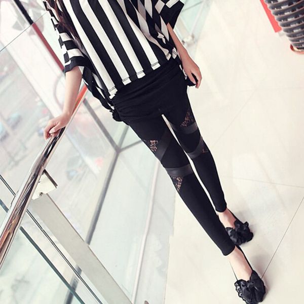 

womens faux leather lace patchwork stitching hollow out skinny pants leggings, Black