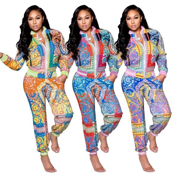 

women fashion digital printing casual set crew neck zip long sleeve long pants two piece set, White