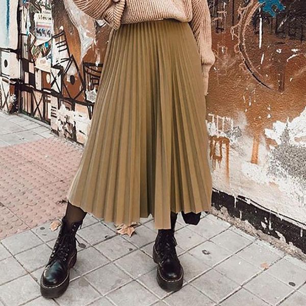 

skirts women skirt long pleated loose solid high waist vintage midi casual party layered faldas, Black