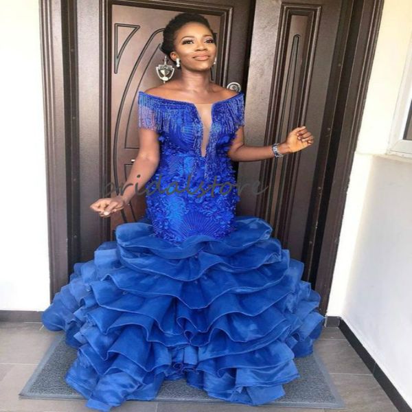 

royal blue mermaid prom dresses with ruffles off the shoulder african black girls prom dress with tassel applique elegant evening gown 2020