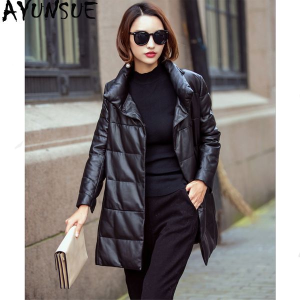 

ayunsue 100% real sheepskin coat female genuine leather down jacket 2019 winter jacket women korean long coats chaqueta mujer my, Black