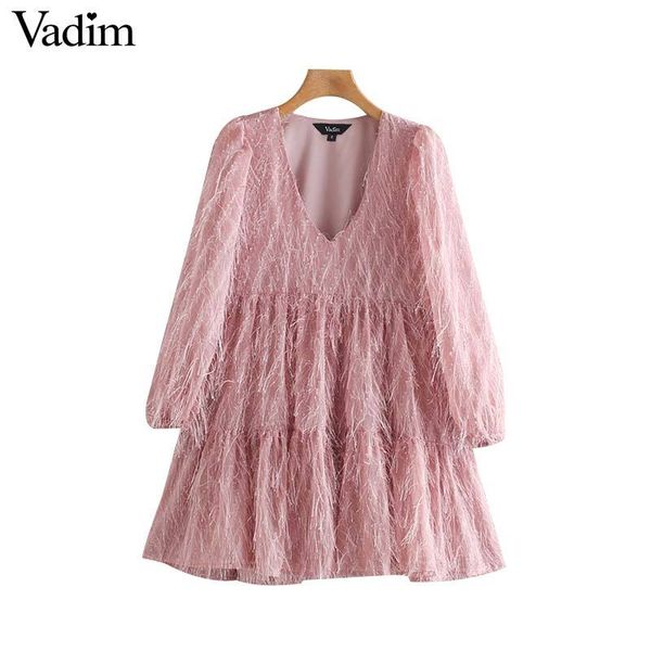 

vadim женщина сладкой кисточки дизайн розовой мини-платье v шей длинного рукава женщины-стильные твердые платьям шикарного vestidos qd219, Black;pink