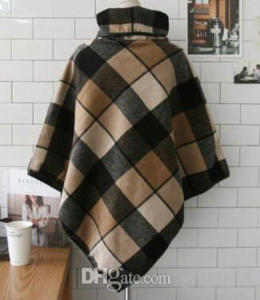 

autumn and winter wear new women's plaid shawl woolen coat stitching wool, Black