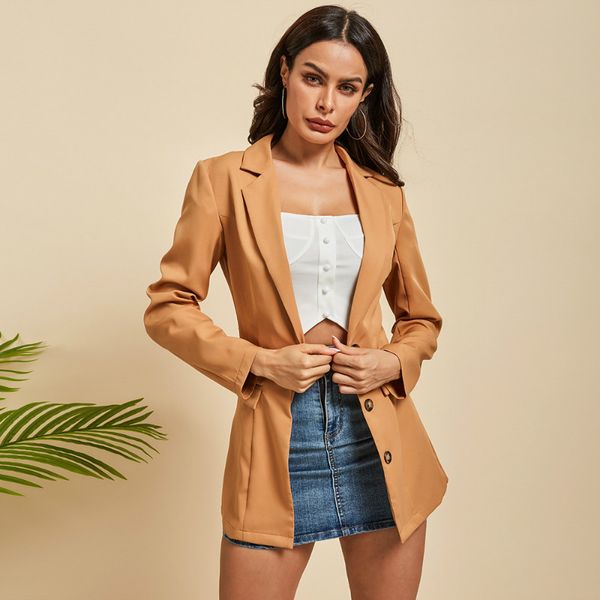 

2019 new autumn fashion office lady turn down collar khaki long coats women long sleeve outerwear pockets button casual jackets, Black;brown