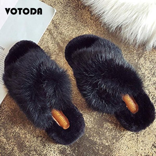 

winter lady hair slippers cross plush slides fashion flat comfortable slip indoor shoes fluffy furry casual house slipper, Black