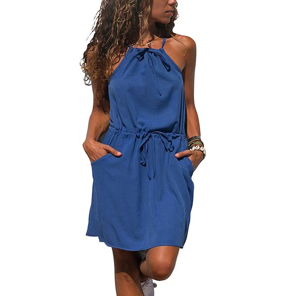 Fashion-Gladiolo Abito estivo da donna in chiffon senza maniche Tasca con stampa floreale Sexy Abito da spiaggia bohémien 2019 Abiti corti da donna Vestito estivo