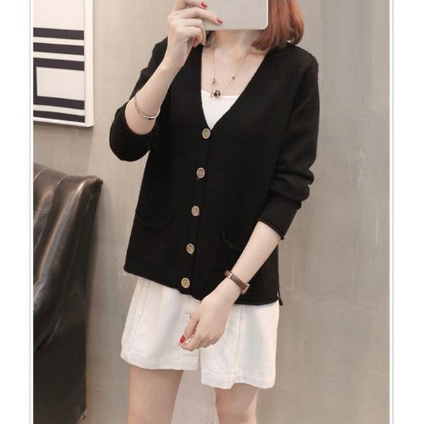 

new women v-neck cardigans long sleeve sweaters solid knitted loose pocket sweaters multi color slim s, White