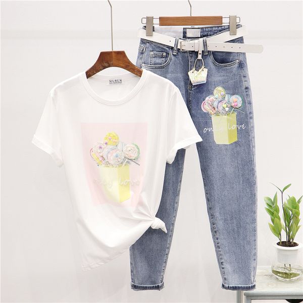 

summer new fashion beading tee shirt + print pencil jeans 2pcs women white cotton t shirt denim pants two piece outfits female