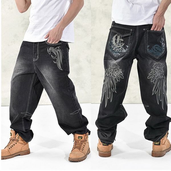 

fashion baggy style men's jeans hiphop dancers loose big pocket boys skateboard rap punk distressed plus size 30-44 46, Blue