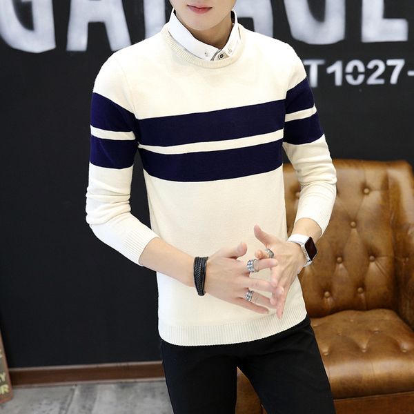 

men sweater navy blue fake two pieces long sleeve black beige turn-down collar pullovers casual mens sweaters new fashion, White;black