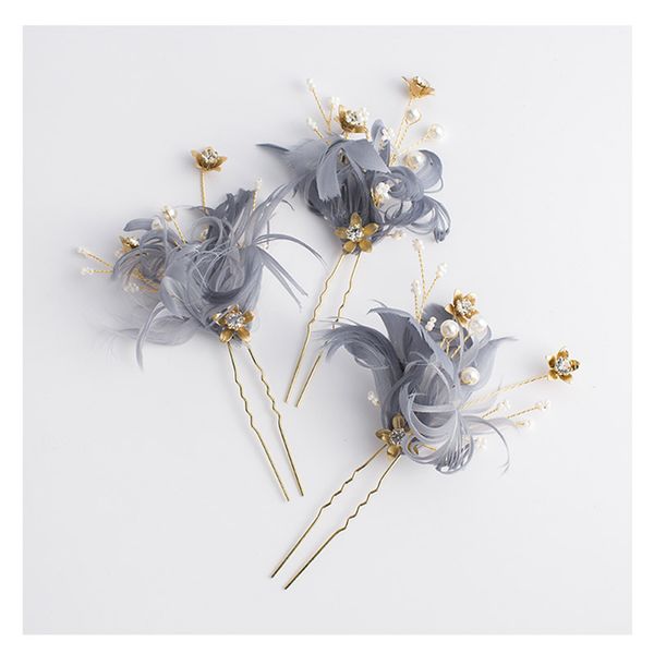 Grey Feather Bowknot Hair Clips Crystal Stone Wedding Party