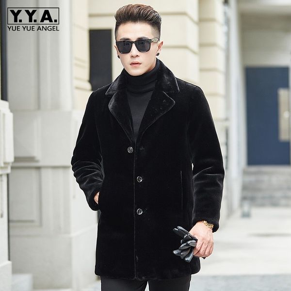 

brand shearling jacket men office casual suit collar single breasted fur outwear plus size 4xl winter medium long coats, Black