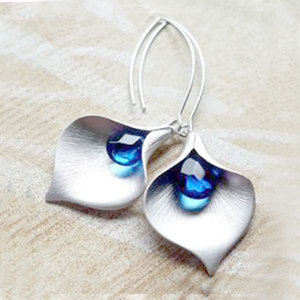 

fashion blue stone flower dangle earrings for women wholesale jewelry charm silver long drop earing wedding brincos mujer gift