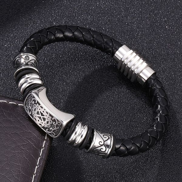

8 mm genuine leather charm stainless steel beads bangles men braided bracelet magnet clasp wrist band fashion jewelry gifts, Golden;silver