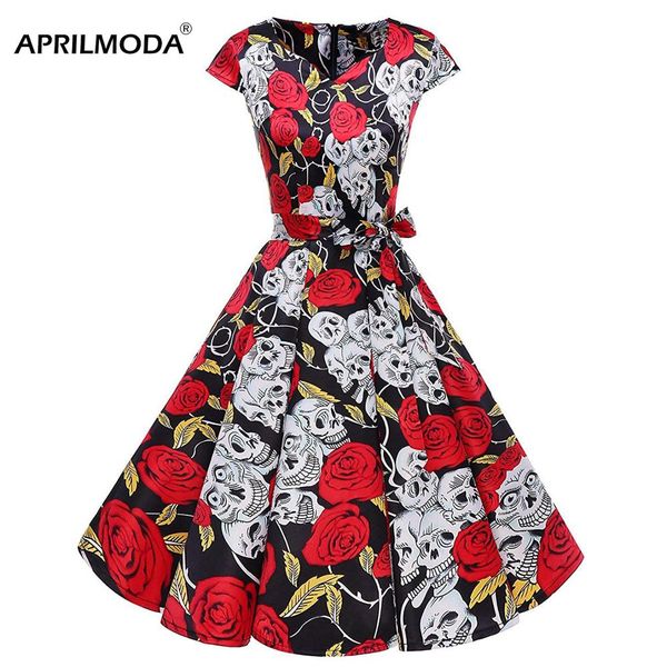 

vintage dress 50s 60s skull floral print dress short sleeve audrey hepburn autumn winter garden party retro swing women dresses, Black;gray