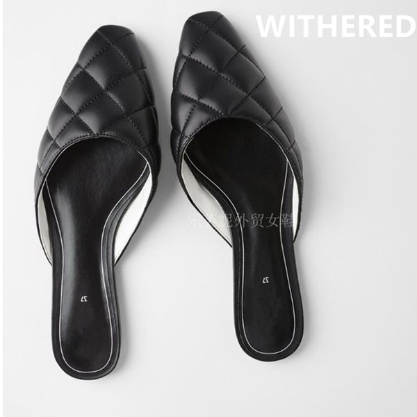

withered 2020 summer ins fashion blogger simple sewing thread flat shoes mules women slippers women shoes woman, Black