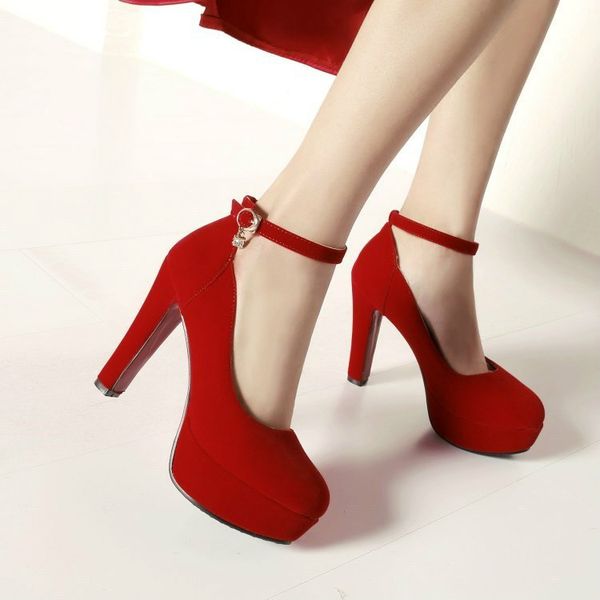 

2020 bridal wedding shoes red sequined ankle strappy round toe platform pumps gold silver come with box 34-39, Black