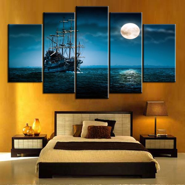 

dropship canvas painting 5pc of moon, blue sea and ship cuadros decoracion dormitorio landspace canvas art