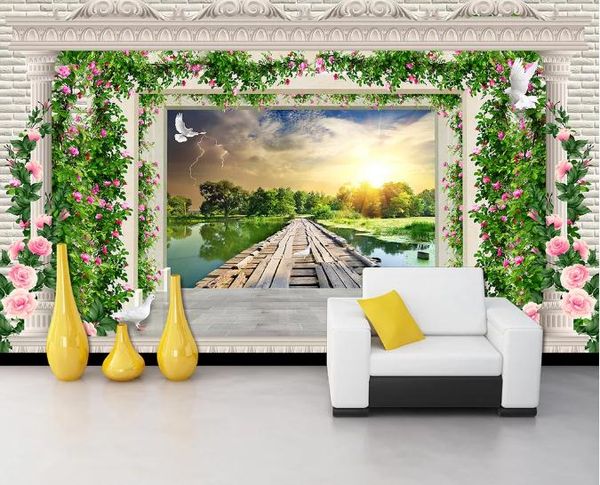 

custom 3d wallpaper silk cloth waterproof canvas murals wall paintingfantasy flower vine european roman column wooden bridg mural wallpaper