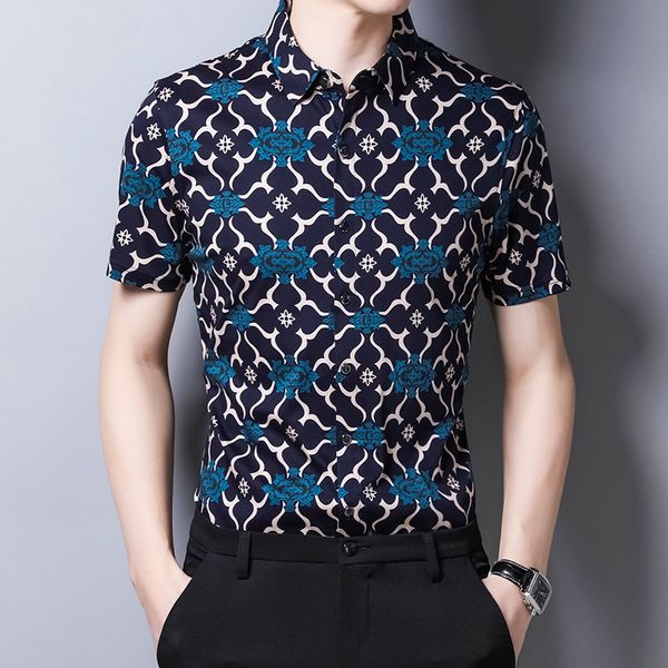 

c-3111 exquisite 3d printing fashion casual short sleeve shirt summer new quality mercerized cotton smooth men shirtm-3xl, White;black