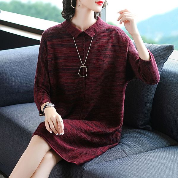 

europe and america new style women's fold-down collar three-quarter-length sleeve loose and plus-sized mid-length knitted full b, White;black