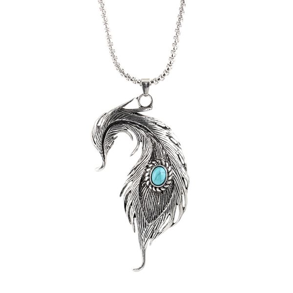 

pixnor retro men women feather pendant necklace with blue stone link chain necklace jewelry clothes accessories, Silver