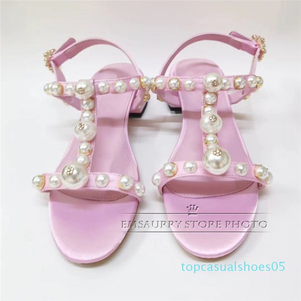 

2020 new design string bead sandals women beading t-straps open toes sweet pink satin pearl decor banquet shoes woman t05, Black