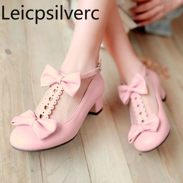

pumps spring and autumn butterfly-knot shallow mouth round head buckle thick heel high heel women's shoe plus size 30-50, Black