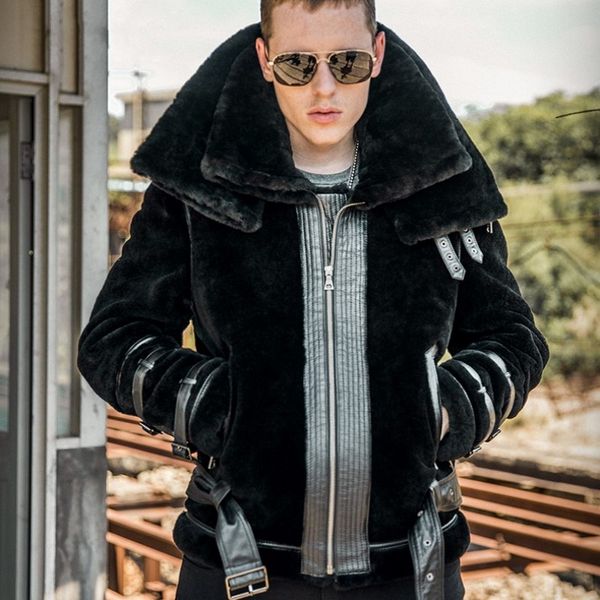 

mens winter lamb wool motorcycle jacket thick sheep real fur coat male plus size shearling biker overcoat punk coats, Black