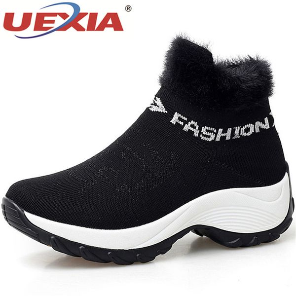 

winter women boots fashion platform wedges shoes slip-on snow warm fur sock outdoor walking flats ladies tenis feminino big size, Black