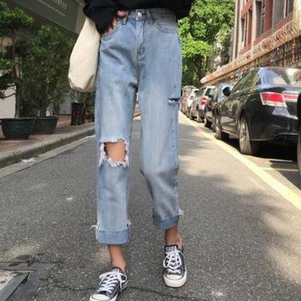 

yedinas boyfriend jeans for women plus size ripped mom jeans for women high wais straight wide leg cargo pants streetwear 2020, Blue