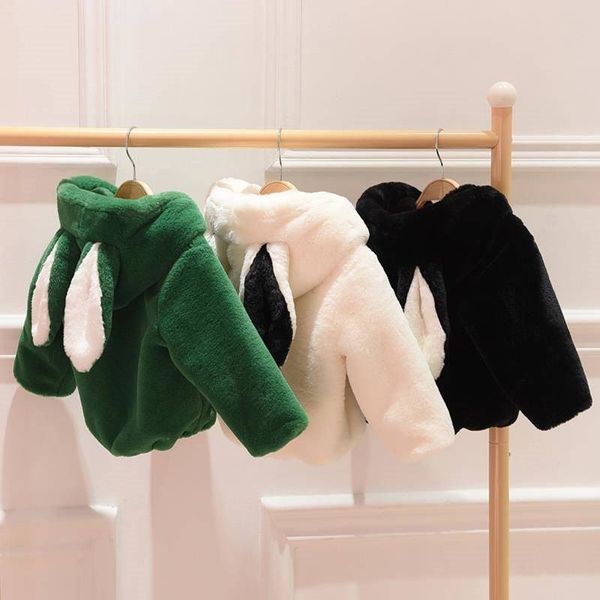 

2019 fashion new winter kids girls imitation faux fur coat children girls thick warm jacket baby ear hooded outwear clothes w189, Blue;gray