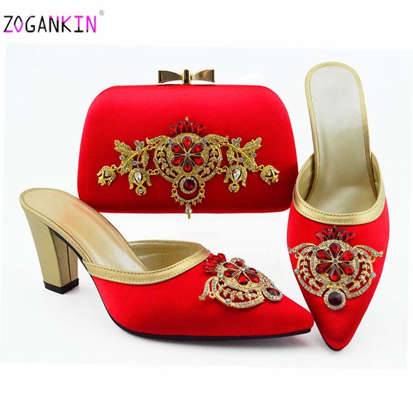 

2019 red color super high heels nigerian shoes with matching bags set shoe and bag set for party in women with shinning crystal, Black