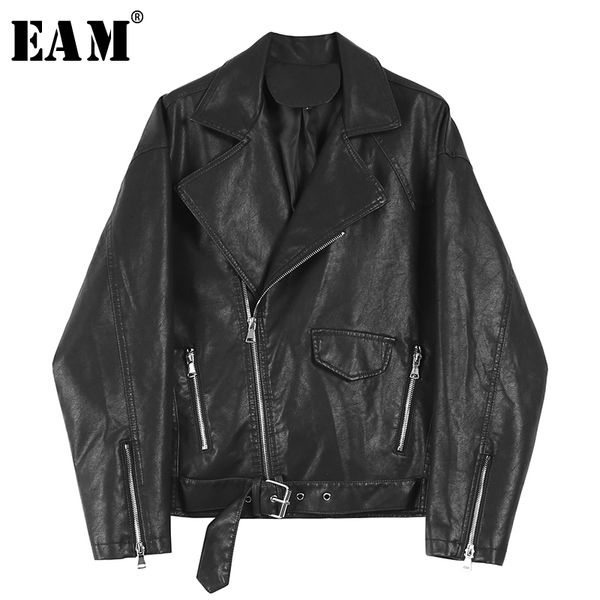 

eam] loose fit black pu leather big size zipper stitch jacket new lapel long sleeve women coat fashion tide spring 2020 1y645, Black;brown