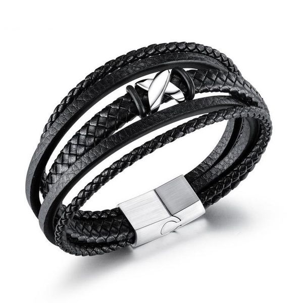 

multilayer black braided leather bracelet men stainless steel cross bracelet magnetic clasp bangles handmade wristband jewelry, Golden;silver