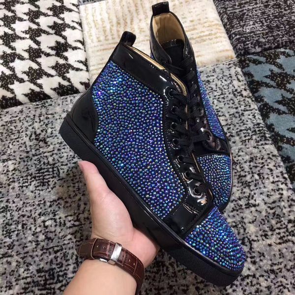 

perfect blue strass high red bottom sneakers shoes for women,men rhinestone sparkling casual walking luxury dress wedding party, Black