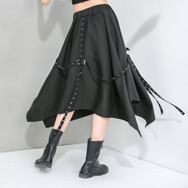 

women's summer skirts high waist elastic metal ribbon decorative personality hip hop skirts large size irregular skirt ta20865, Black