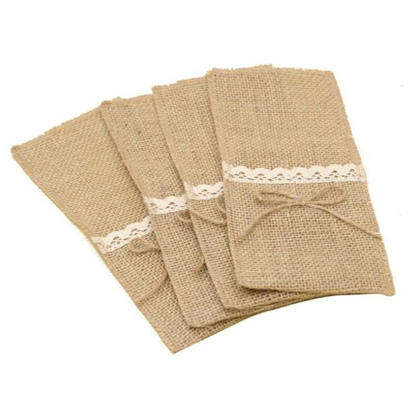 Country Wedding Table Silverware Holder Natural Burlap Cutlery