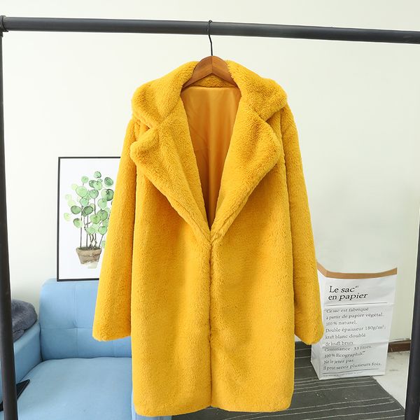 

2019 autumn winter fashion women faux fur long outwear jackets warm plush coat casual turn-down collar streetwear ladies jacket, Black