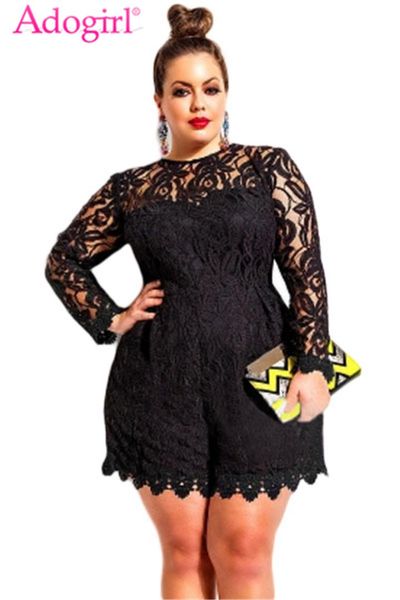 

adogirl plus size l-6xl women lace romper solid hollow out long sleeve jumpsuits shorts playsuit ladies clubwear bodysuits, Black;white