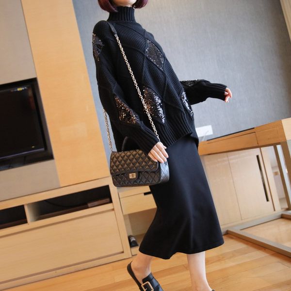 

neck sweater women's autumn and winter korean version pullover loose base coat long sleeve all-around autumn and winter sweater, White;black