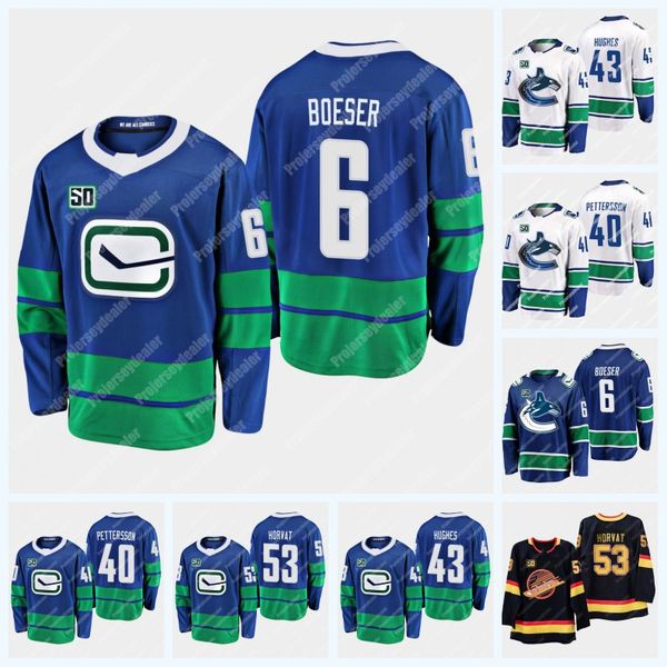 

43 Quinn Hughes Vancouver Canucks 50th Seasons 6 Brock Boeser 40 Elias Pettersson 53 Bo Horvat 23 Alexander Edler 26 Antoine Roussel Jersey