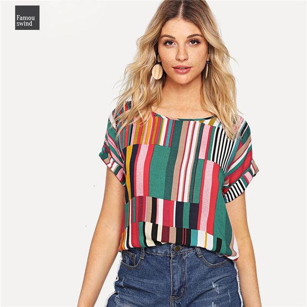 

multicolor тенниска mix colorblock печати закатал ruched tshirt повседневный сыпучие scoop шеи полосатая лета женщин с коротким рукавом топы, White