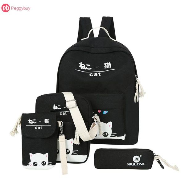 

4pcs/set multi-fuctions cute cat print backpacks canvas shoulder school bags big capacity pencil box for teenage girls mochila