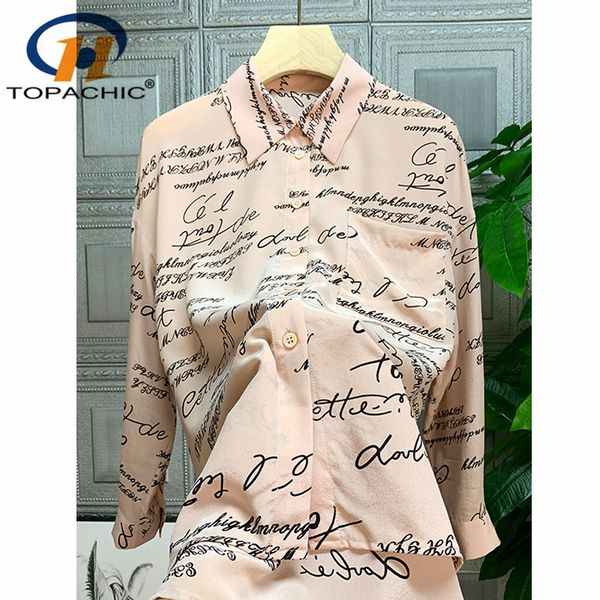 

1,11 2020 новая мода шелковая рубашка женщины темперамент с длинным рукавом отложным воротником письмо версия для печати элегантный розовый, White