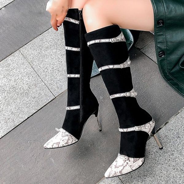 

boots women knee high boots thin high heels shoes woman autumn winter patchwork flock women shoes, Black