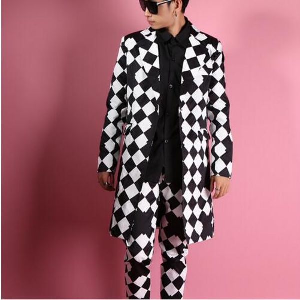 

new large diamond-shaped visual long suit tide male korean of slim wedding suits men personality fashion jacket plus size coat, White;black