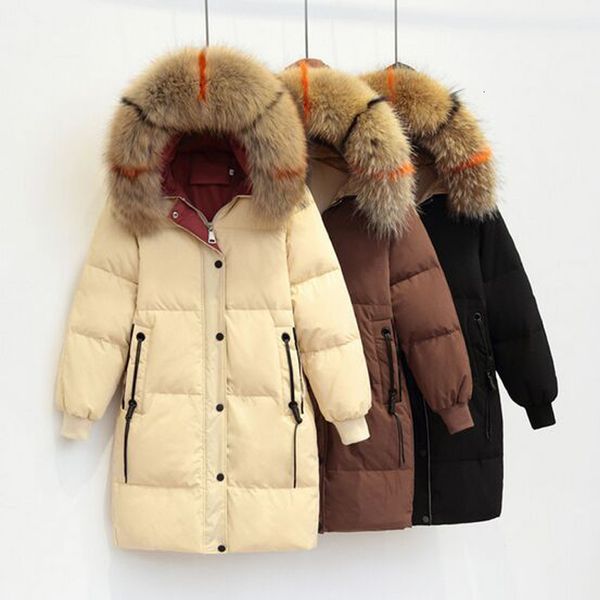 

large real natural raccoon fur 2020 winter jacket women parkas new fashion female women coat white duck down jacket hooded, Black